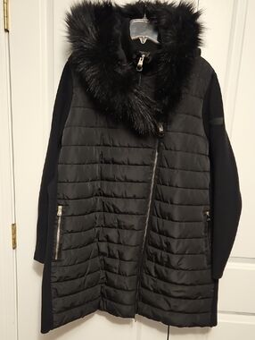 Calvin Klein Black Quilted Faux-Fur Trim Hooded Coat Sz 3x